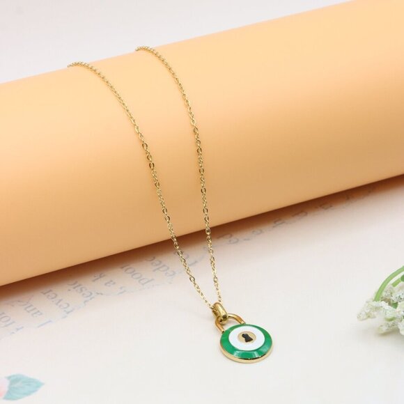 Gold Plated Green Evil Eye Pendant Necklace, XPNL0306 - Picture 12 of 13